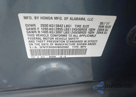 2017 Honda Pilot Elite z USA, uszkodzony, nr VIN 5FNYF6H04HB042662